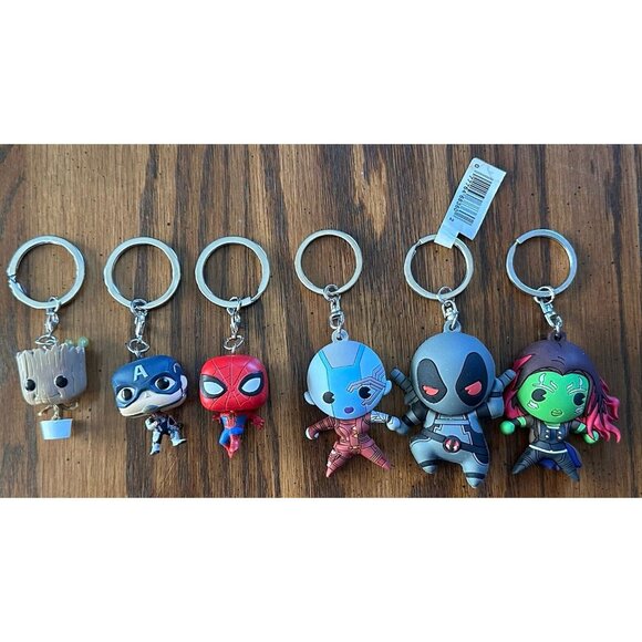 6 Marvel Keychains Lot Spiderman Deadpool Groot Captain‎ America Gamora Nebula - Picture 1 of 3